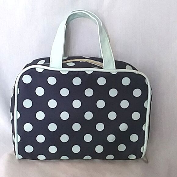 Adrienne Vittadini Cosmetic Storage 2 Piece Bags Polka Dot Navy Mint Like New - Picture 1 of 13
